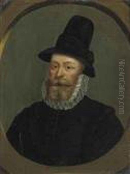 Portrait Of A Gentleman, Bust-length, In A Black Hat And Coat Witha White Ruff, In A Feigned Oval - view 1