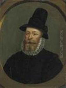 Portrait Of A Gentleman, Bust-length, In A Black Hat And Coat Witha White Ruff, In A Feigned Oval