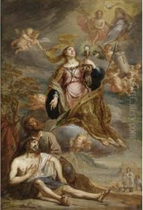 St. Barbara Comforting A Dying Man With The Last Sacrament