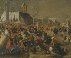 A Winter Landscape With A Peasant Brawl Near A Church