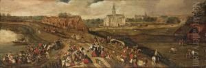 An Extensive Landscape With Peasants On A Track Near A River, A Church Beyond