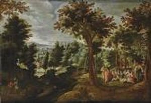 A Wooded Landscape With St. John The Baptist Preaching by Gillis van Coninxloo
