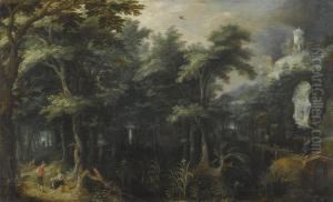 A Forest Landscape With A Watermill Beside A Mountain Torrent by Gillis van Coninxloo