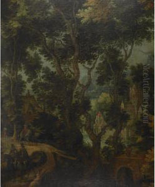 A Wooded River Landscape With Elegant Gentlemen On Horseback, A Dogand Country Men With Houses Beyond - view 1