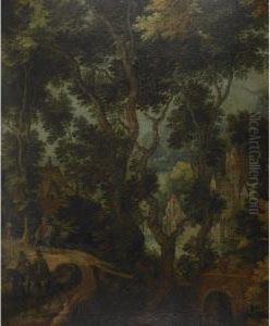 A Wooded River Landscape With Elegant Gentlemen On Horseback, A Dogand Country Men With Houses Beyond