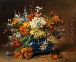 Still Life Of Flowers In A Blue Vase