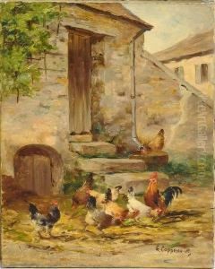 Coqs Et Poules Devant Une Porte De Ferme.