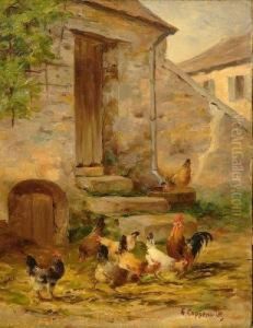 Coqs Et Poules Devant Une Porte De Ferme