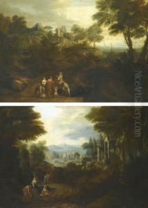 Italianate Landscapes With Riders And Classical Ruins by Jan Joost Von Cossiau