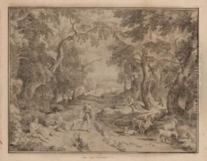 Pastoralt Landskap Med Herdar by Jan Joost Von Cossiau