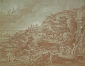 Gebirgige Landschaft Mit Einem Renaissanceschlos Und Einerstadt Am Meer, Mit Mythologischer Staffage by Jan Joost Von Cossiau