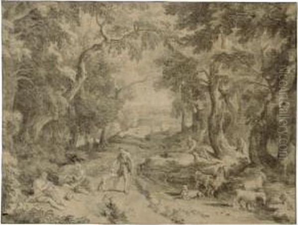 Four Peasants Resting On A Woodland Path, With Their Herd Of Goats To The Right - view 1
