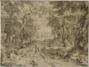 Four Peasants Resting On A Woodland Path, With Their Herd Of Goats To The Right by Jan Joost Von Cossiau