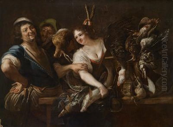 A Huntsman And A Maid With Fish And Game In A Kitchen Interior - view 1