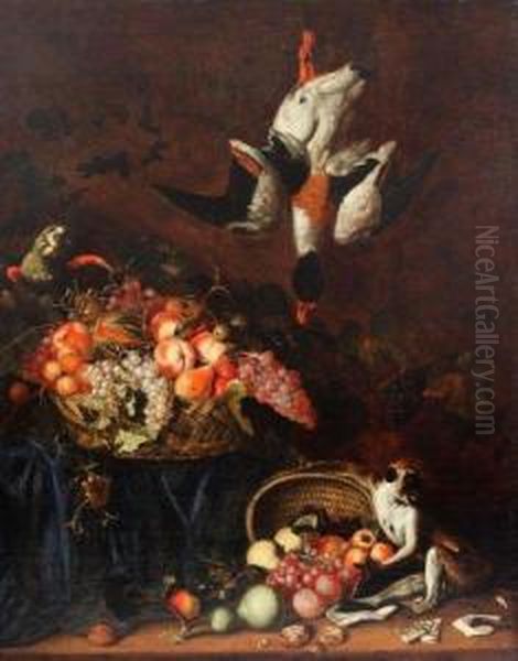 Nature Morte Aux Paniers De Fruits Animee D'un Singe Et D'unperroquet. - view 1