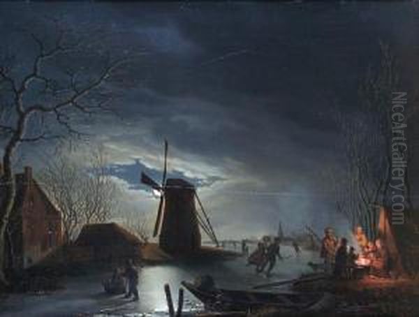 Dutch Winter Scene By Moonlight, With Figuresskating On A Frozen Canal By A Windmill, And Campers By Afire - view 1