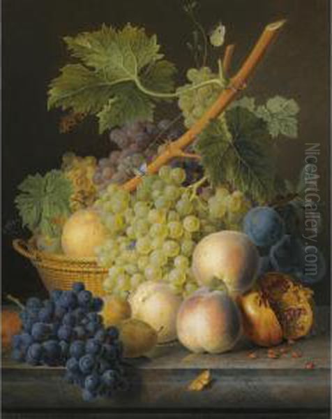 A Still Life With Grapes And Peaches In A Basket, An Open Pomegranate, Plums, Black Grapes And More Peaches, All On A Marble Ledge - view 1