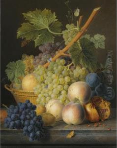 A Still Life With Grapes And Peaches In A Basket, An Open Pomegranate, Plums, Black Grapes And More Peaches, All On A Marble Ledge