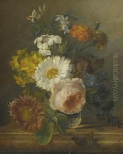 A Still Life With Daffodils, A Rose And Other Flowers In A Vase With A Butterfly, A Dragon Fly And A Beetle