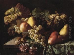 Pears, A Pumpkin, Grapes, An Apple, Walnuts And Daisies On Apartly- Draped Table