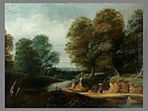 Flusslandschaft Mit Wanderern Und Reisigsammlern