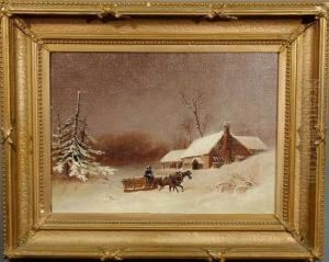A Snow Scene With A Team Of Horses And Lumber Sled And House In The Background