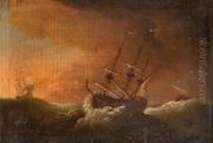 A Warship Sailing Under Reduced Sail In Heavy Weather With Other Shipping by William Velde Van De Bonfield