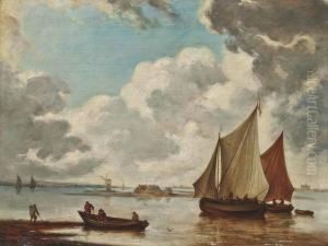 Shipping In Calm Waters With Fishermen Bringing In Their Nets by Jan Van De Capelle