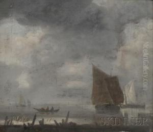 Shore Scene With Sailing Vessels Under Gray Skies