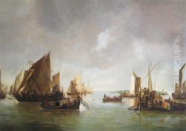 A Busy Estuary With Numerous Vessels And An Elegant Company In A Lighter - view 1