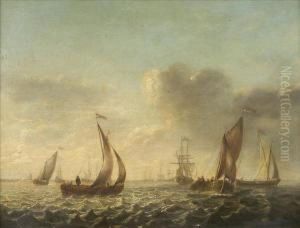 Off The Dutch Coast, With Men O'war, Fishing Boats And Sailing Barges In Calm Waters by Jan Van De Capelle