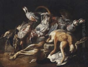 A Dead Hare, Partridges And Other Game On A Stone Ledge by Jacob van der (Giacomo da Castello) Kerckhoven
