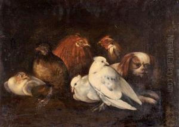 Pigeons, Coq Et Poules Veilles Par Un Chien - view 1