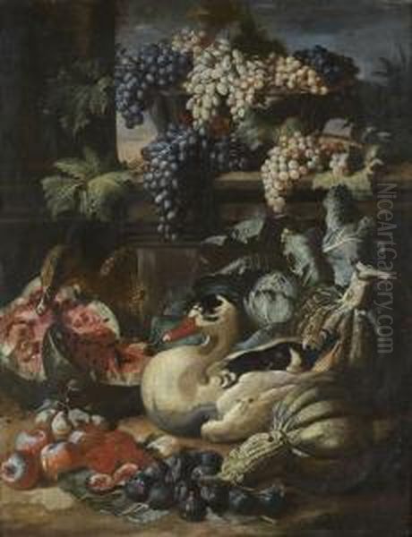 Canards Au Milieu De Pasteques, Pommes, Figues Et Panier De Raisins Et Crustaces, Panier De Poissons Et Cornet De Fraises Disposes Sur Un Entablement - view 1