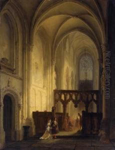 Interno Di Chiesa Con Varie Figure Accessorie by Bernardus Van De Laar