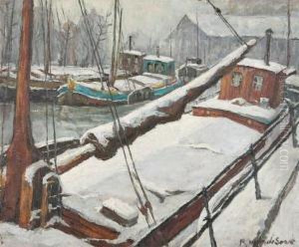 Moored River Boats In Winter - view 1