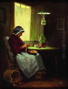 Aardappelschillende Vrouw In Interieur by Lammert Van Der Tonge