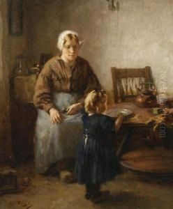 Mother And Child In A Kitchen Interior by Lammert Van Der Tonge