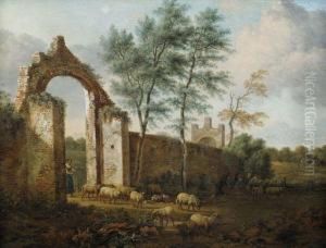 Herbstliche Landschaft Mit Schafhirten Vor Der Mauer Einer Kirchenruine by Adrian Van De Velde