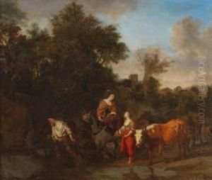 An Italianate Landscape With Figures Herding Cattle
