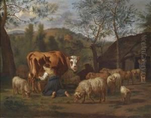 A Maid Milking A Cow And Goats Outside A Shed