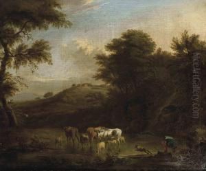 A Wooded River Landscape With A Drover And His Cattle by Adrian Van De Velde
