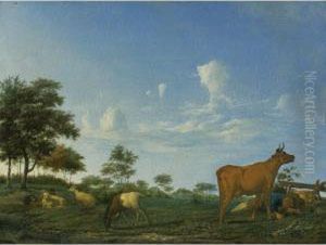A Cow, Sheep And Goats In A Meadow With A Shepherd Asleep by Adrian Van De Velde