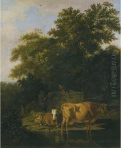 A Wooded Landscape At Dusk, With Two Herdsmen A Dog, Sheep And Cattle by Adrian Van De Velde