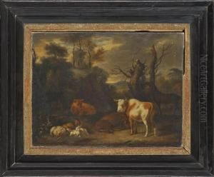 A Wooded Landscape With Grazing Cattle, Sheep And A Horse by Adrian Van De Velde