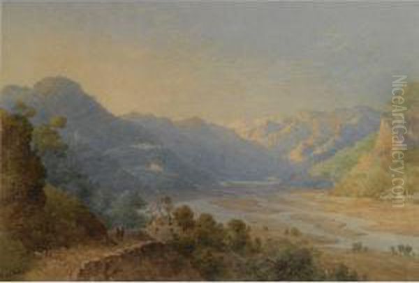 Travellers On Horseback In A Mountainous Landscape With Awaterfall - view 1