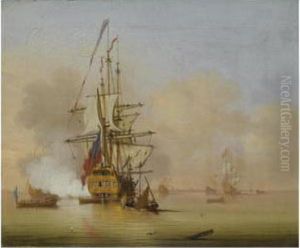 A Small English Man-o' War Firing A Salute With Small Boatsnearby