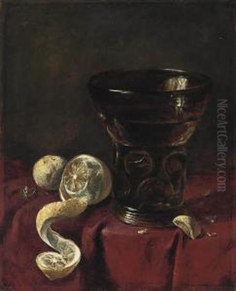 A Roemer, A Partly-peeled Lemon And A Walnut On A Draped Table - view 1