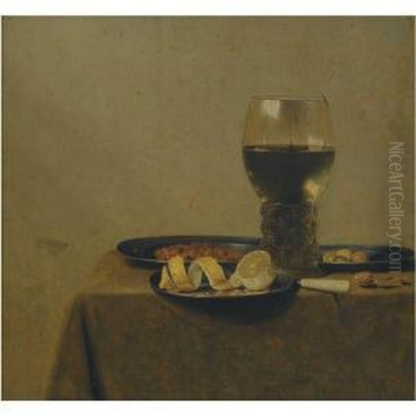 A Still Life Of A Peeled Lemon, Nuts And Olives On Pewter Plates,and A Roemer Filled With White Wine, All On A Table Covered With Acloth - view 1