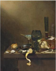 Still Life With A Beer Glass And Playing Cards On A Wooden Box,with A Large Roemer, A Brazier, A Pipe, A Stoneware Tankard On Itsside, A Bread Roll, Oysters And Other Objects Arranged On The Ledgebeneath by Jan III van de Velde